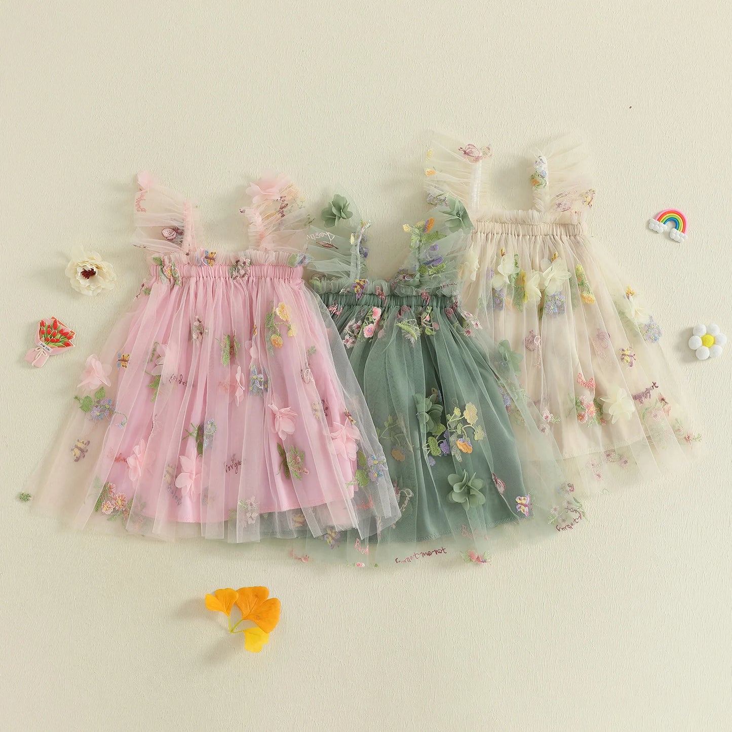 Baby Girl Square Neck Floral Embroidery Lovely Dress Kid Princess Lovely Dress Ruffle Sleeveless Toddler Party Dress Clothes