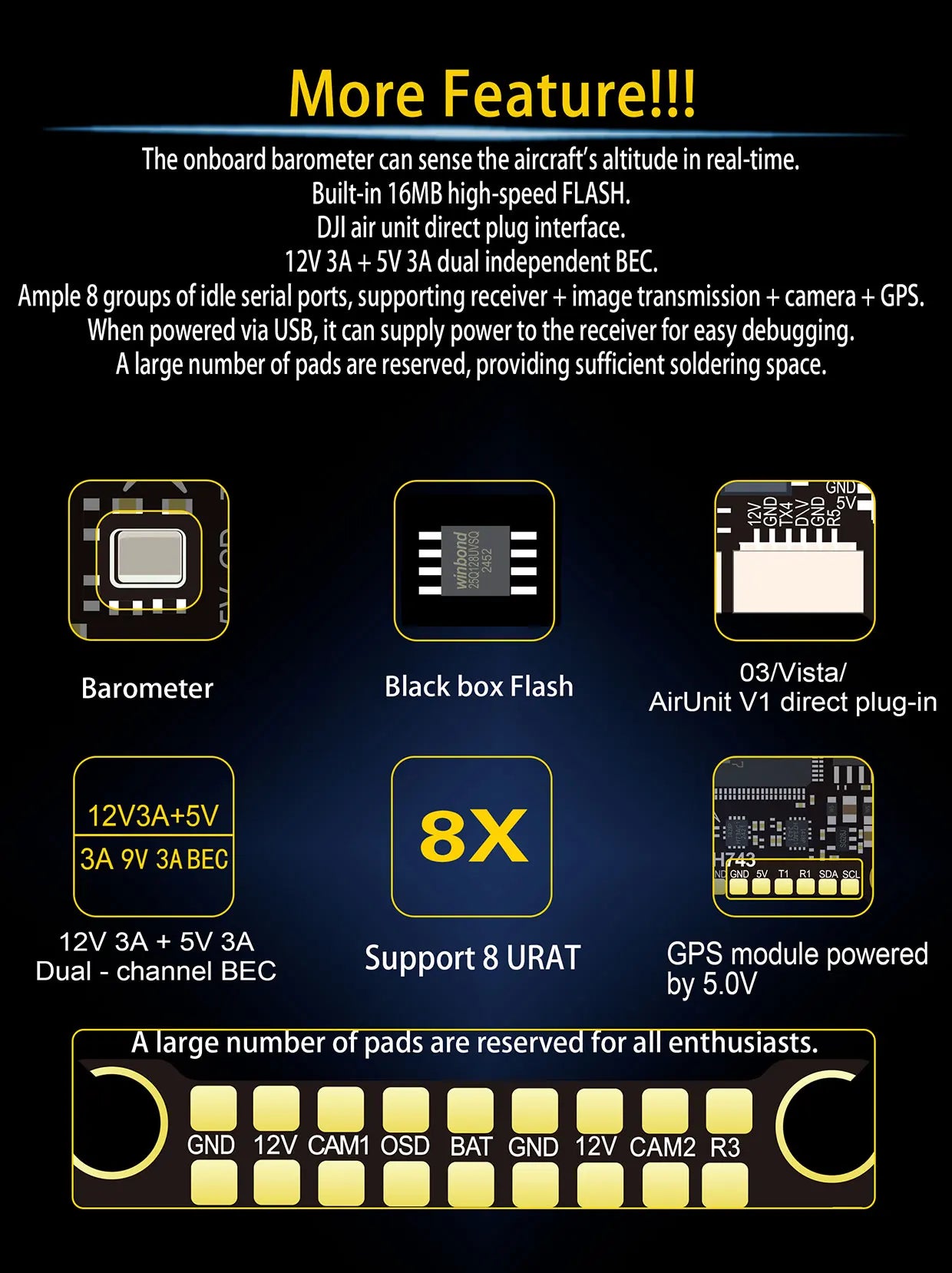 DAKEFPV H743 100A/120A stacked ICM42688P H743 flight control module BLHELI_S 120A 4-in-1 ESC 30.5X30.5 millimeters.