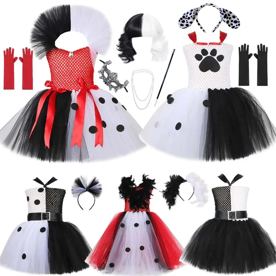 Halloween Crulla Cosplay Costume Cruella Tulle Dress Party Girls Black White Carnival Kids Cruella Wig Lace Mask Suit Clothes