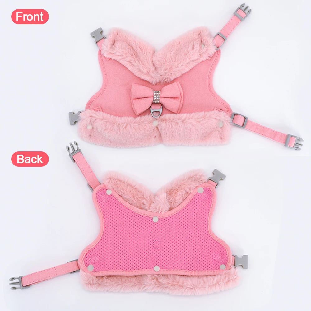 Soft Warm Dog Vest Harness and Leash Set Cute Bowknot Pet Winter Clothes Vest Warm Fur Small Dog Clothing French Bulldog Pink
