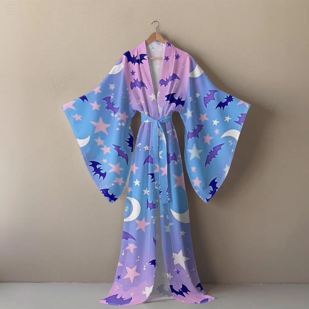 Halloween Sexy V-Neck Robe with Ghost Print High Slit & Bat Sleeves Kimono - Women's Party Costume Funny Cool Cosplay Wear
