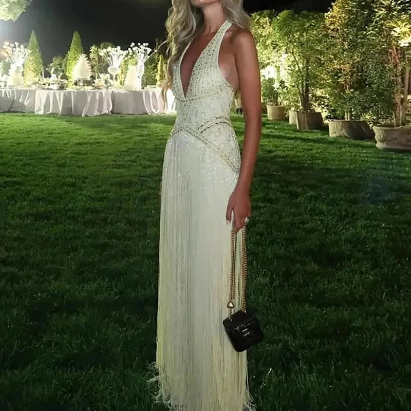 New 2026 Women's Banquet President Dress Fashion Sequin Tassel Slim Cocktail Dress Elegant Temperament Off Shoulder Strap Dress