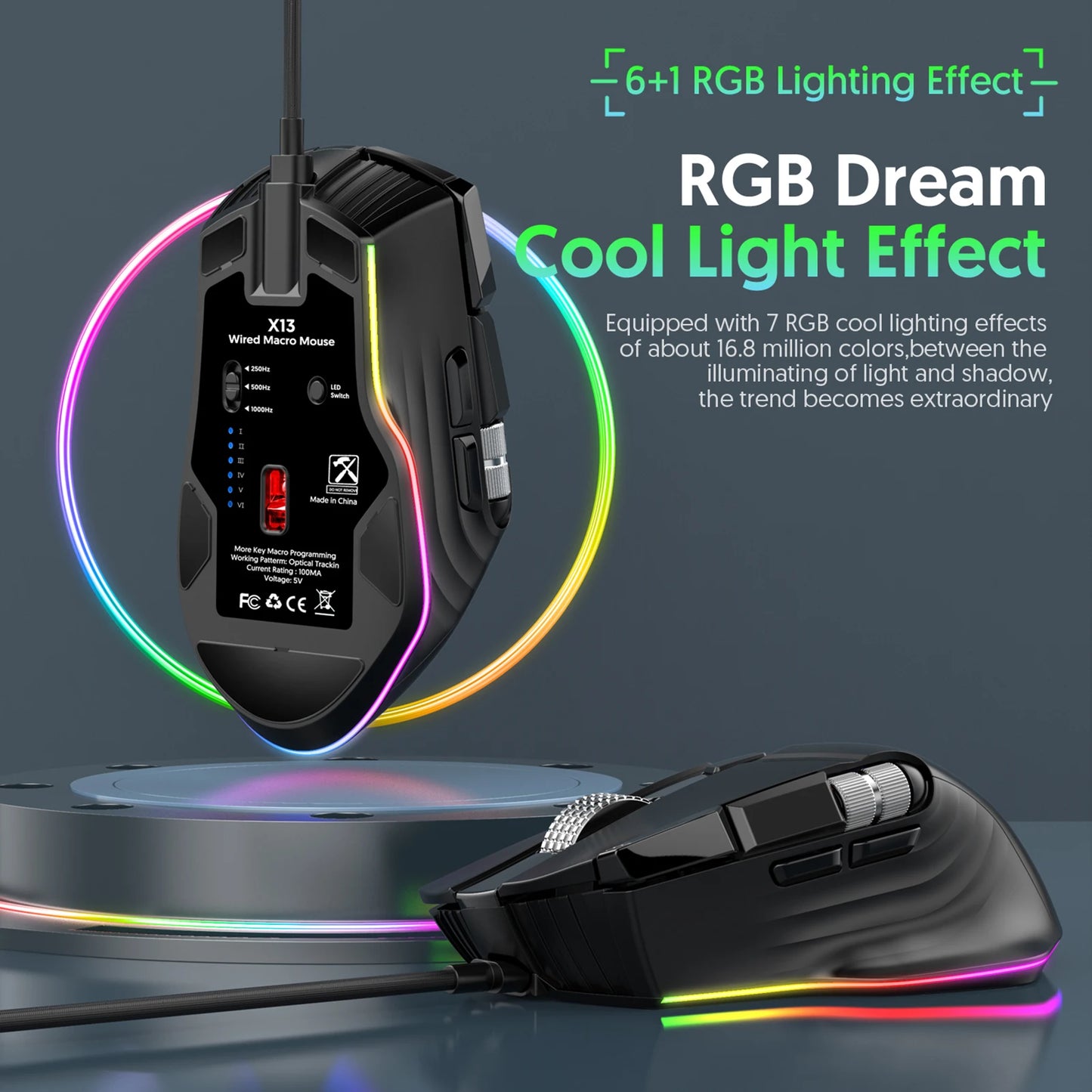 RGB Wired Gaming Mouse 7 Lighting Modes Dual Scroll Wheels Macro Programmable 1200-12400 DPI Ergonomic Design for PC Gamer
