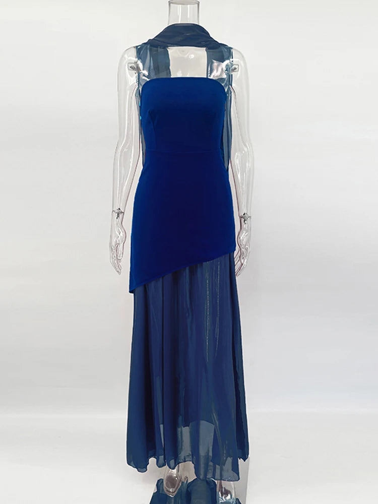 2025 New Strapless Dress With Ribbon Women's Elegant Sleeveless Mesh Beach Vacation Long Dress Spring Fashion Lady Dress