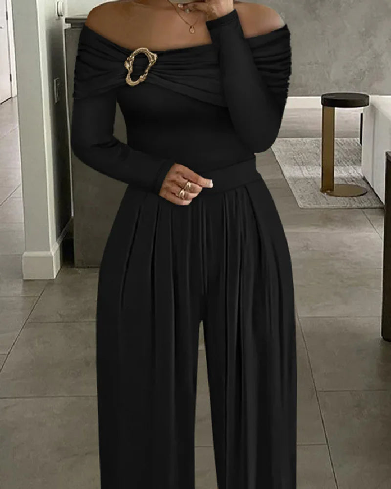 New Elegant Pure Color Off-Shoulder Long Sleeve Women's Romper Fashionable And Stylish Monochromatic Ladies' Dress