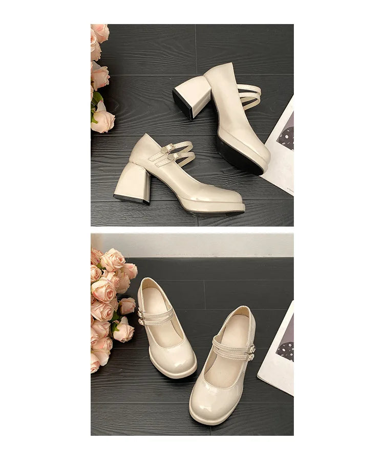 Women Chunky Heels Mary Jane Shoes Princess Spring New Fashion Platform Comfortable Black Soft Anti-slippery Dress Leather Shoes