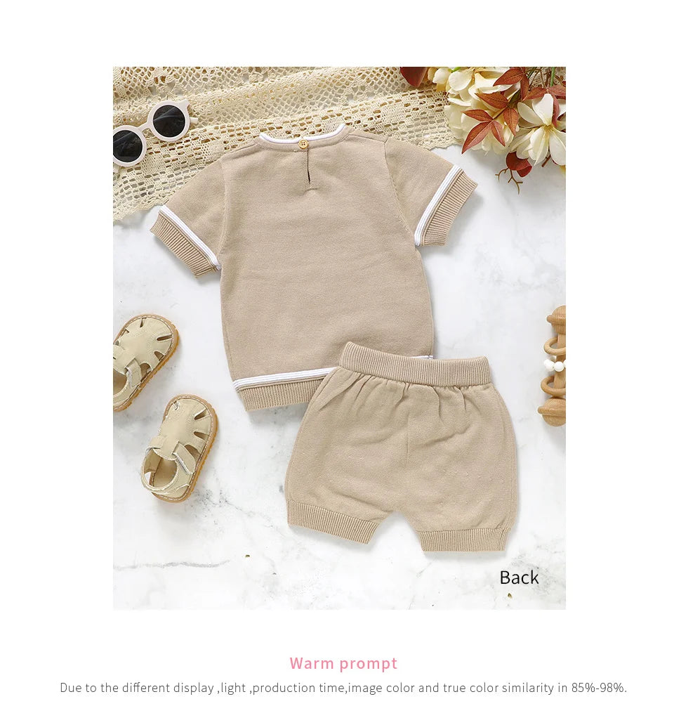 Summer Solid Short Sleeve T-Shirts+Shorts 2PCS Outfits for Newborn Boys Cotton Clothes Sets 0-18m Infant Knit Tracksuits Costume