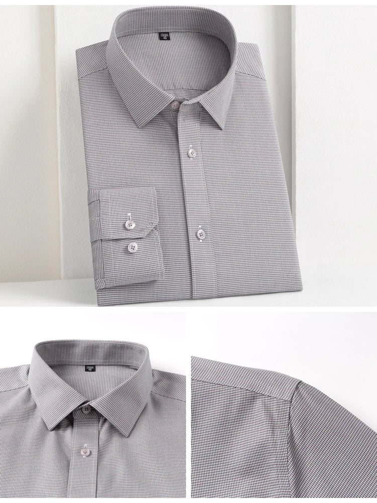 Men's Houndstooth Non-Iron Long Sleeve Button-Up Cotton Shirt, No Pocket Skin-Friendly Casual Versatile for Various Occasions
