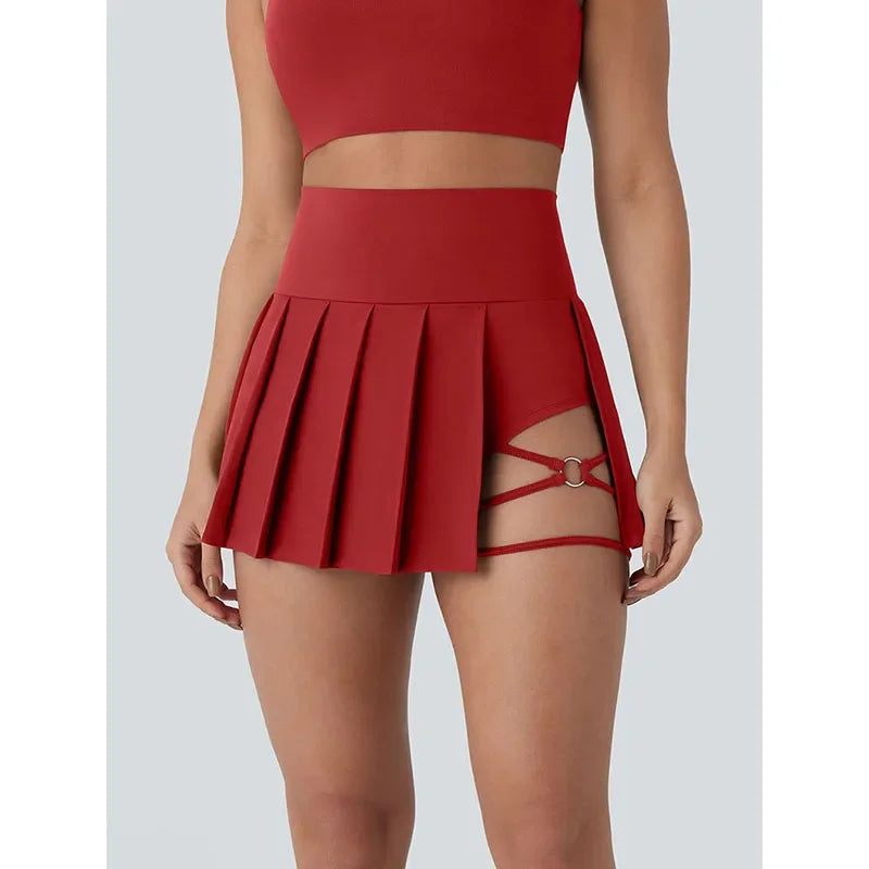 Women Inside Safe Shorts Tennis Skirts Red Cross Bandage Running Sports Pleated Skirt Woman High Waist Fitness Yoga Mini Skirts