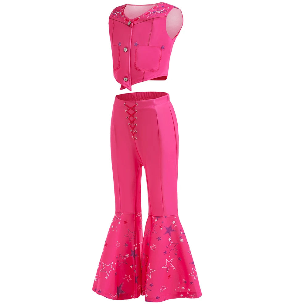 Girls Margot Movie Cospaly Costume Pink Vest Top And Flared Trousers For Kids Barbe Halloween Birthday Party Carnival Outfits
