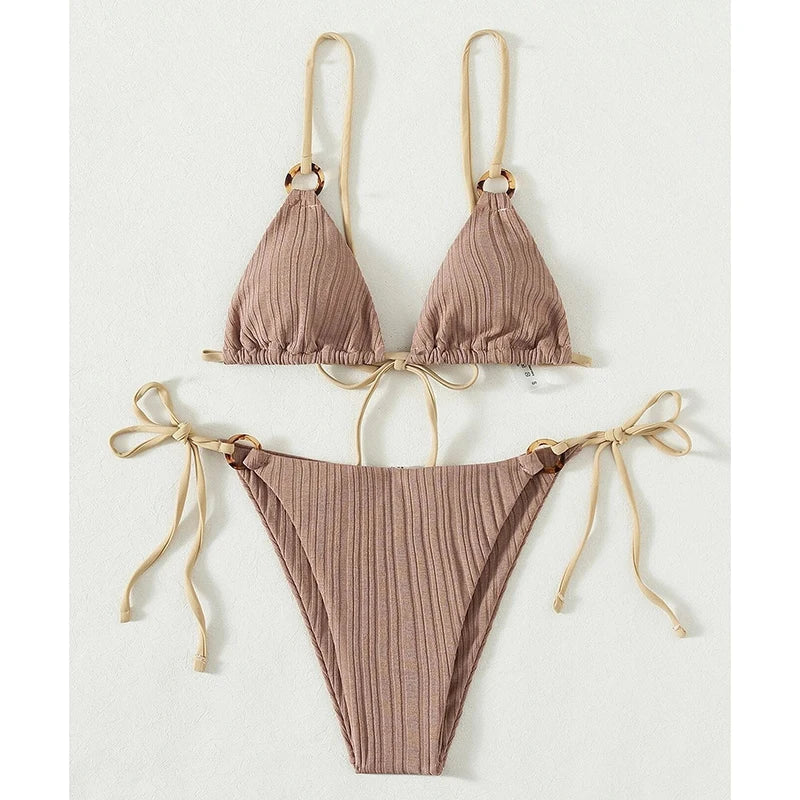 Solid Split Swimsuit Women Two Piece Beachwear Triangle High Cut Thong Bikini Push Up Summer 2026 New Sexy Bandage Bathing Suit