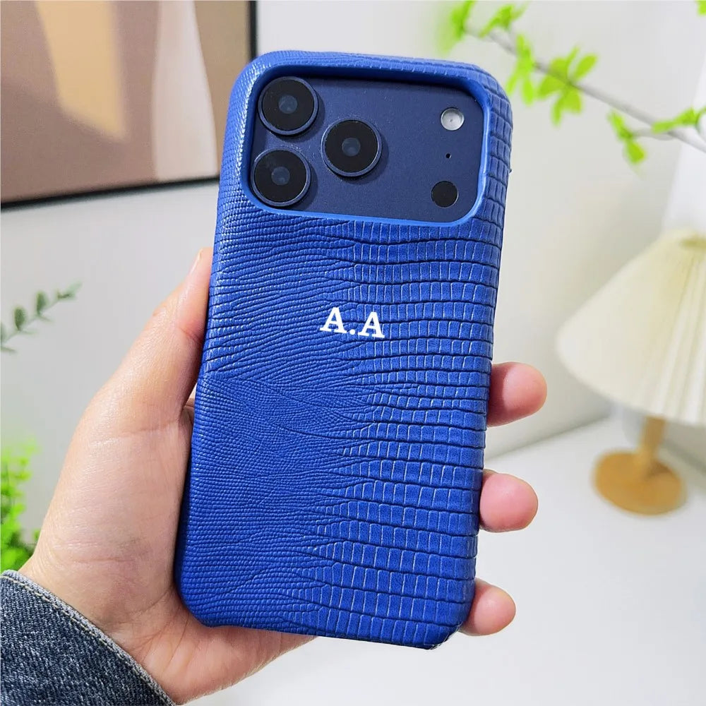 Customized letter Lizard pattern PU leather hard Case for iPhone17 16 15 14 Phone Cover 17 16 13 12 11 Pro Shockproof Back Funda