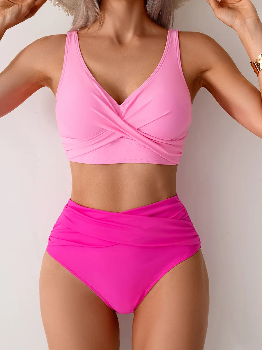 VigoBreviya 2026 Sexy Solid Strapped Swimwear Women Cross Push Up Bikini Set Brazilian Lady Swimsuit High Waist Beach Bath Suit