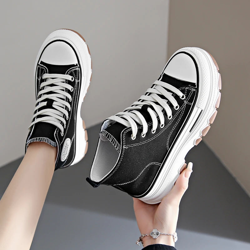 2026Women Canvas Shoes High Top Women's Vulcanize Shoes Lace-Up Casual Ladies Sneakers Plarform Non-slip Round Head Female Shoes