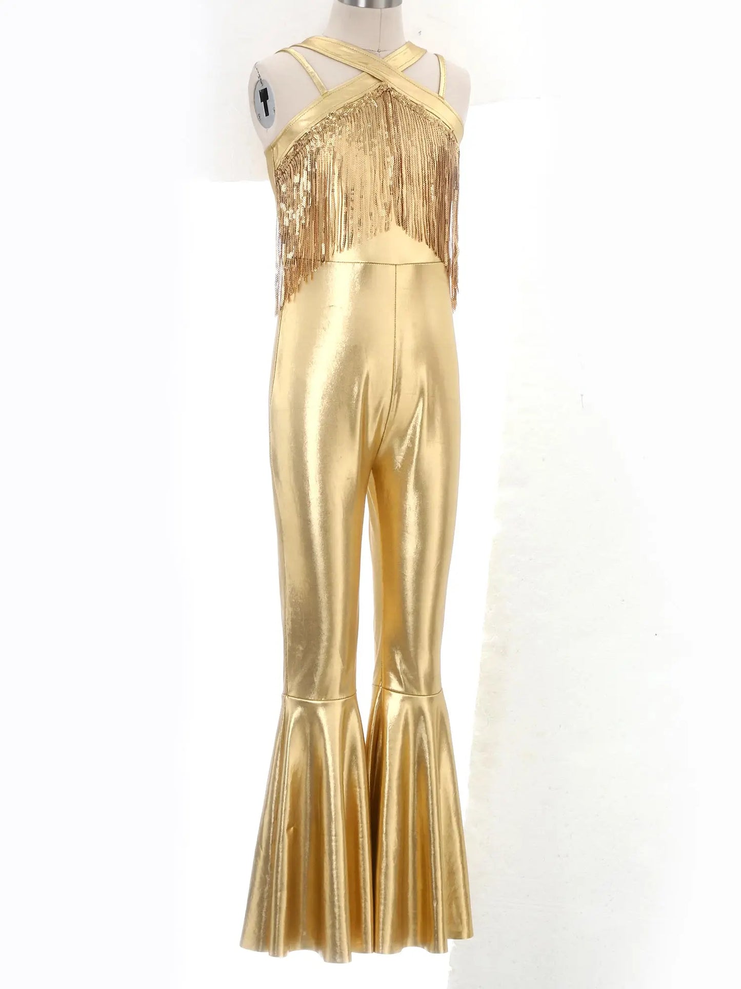 Kids Girls Hippie Halloween Costume Tassels Unitard Bell-bottom Long Pants Bodysuit Jumpsuit Disco Dance 60s 70s Rave Party Wear