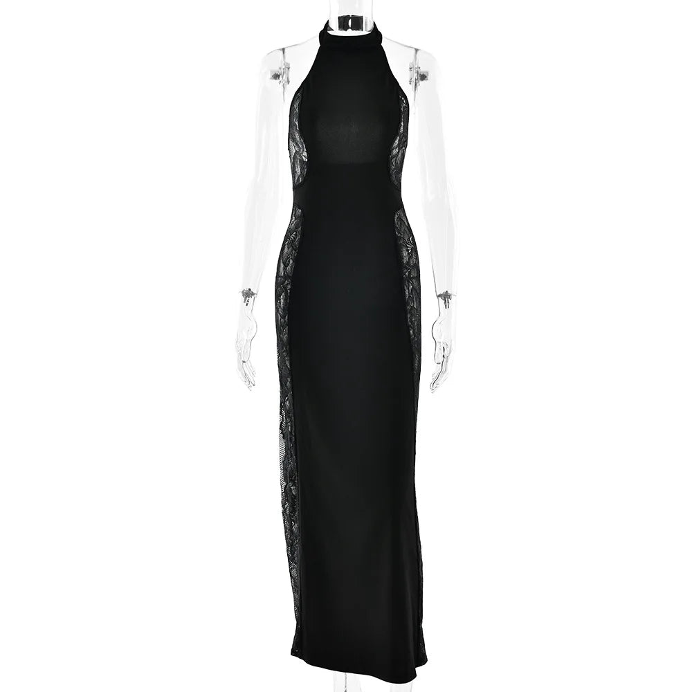 Talenza Luxury Lace Evening Dress Sexy  See-Through Cutout Lace Backless Dress Elegant Sleeveless Halter Neck Women Party Dress