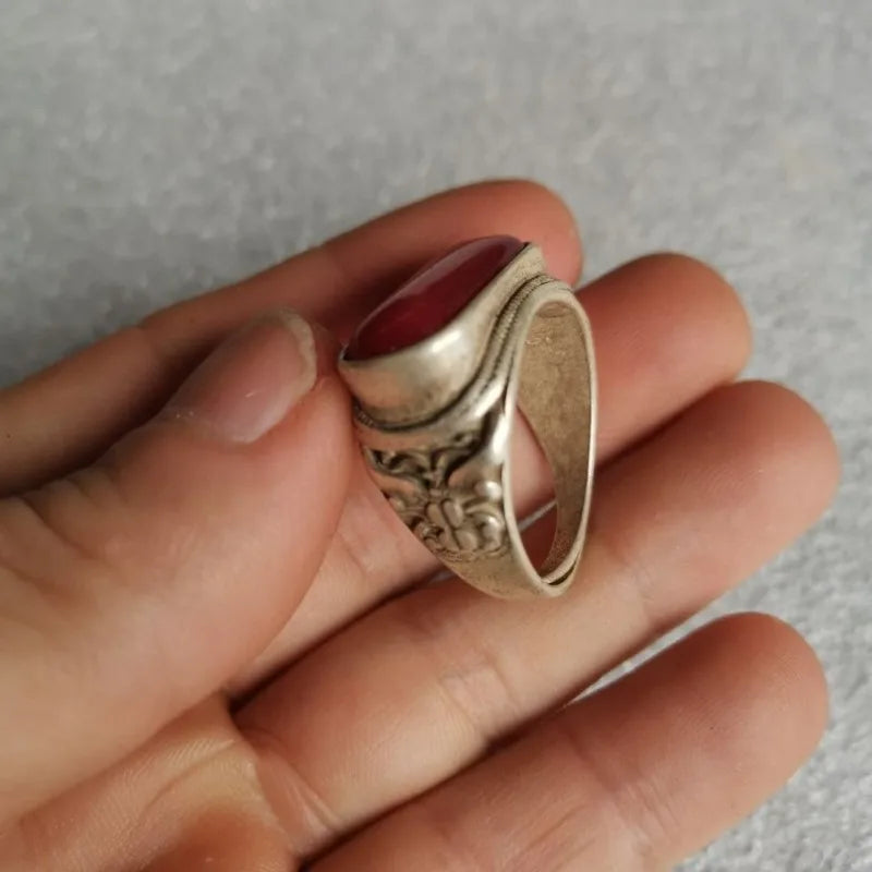 Vintage Green Jade Ring, Tibetan Silver Inlaid, Adjustable Stretch Band for Men & Women