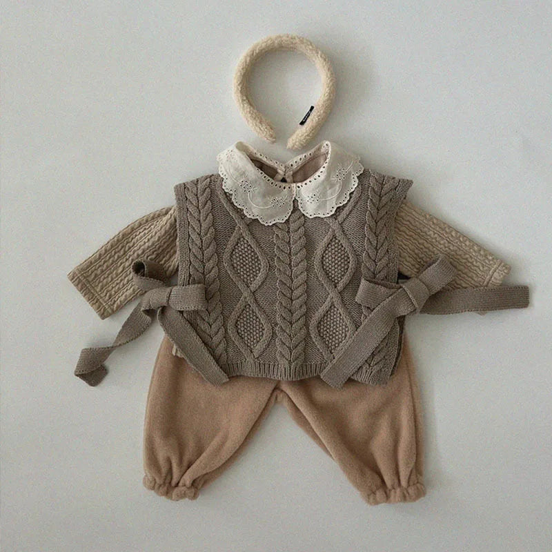 Baby Girl Sweet Lace Peter Pan Collar Tops Winter Fashion Ribbed Thickened Bottoming Tops Girls Simple Cotton Knitwear Tees
