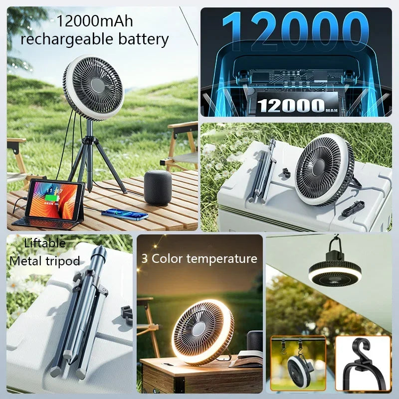 Outdoor Portable Remote Control Camping Fan Retractable Tripod Floor Fan USB Rechargeable 10000mAh Tent Ceiling Fan Ventilator
