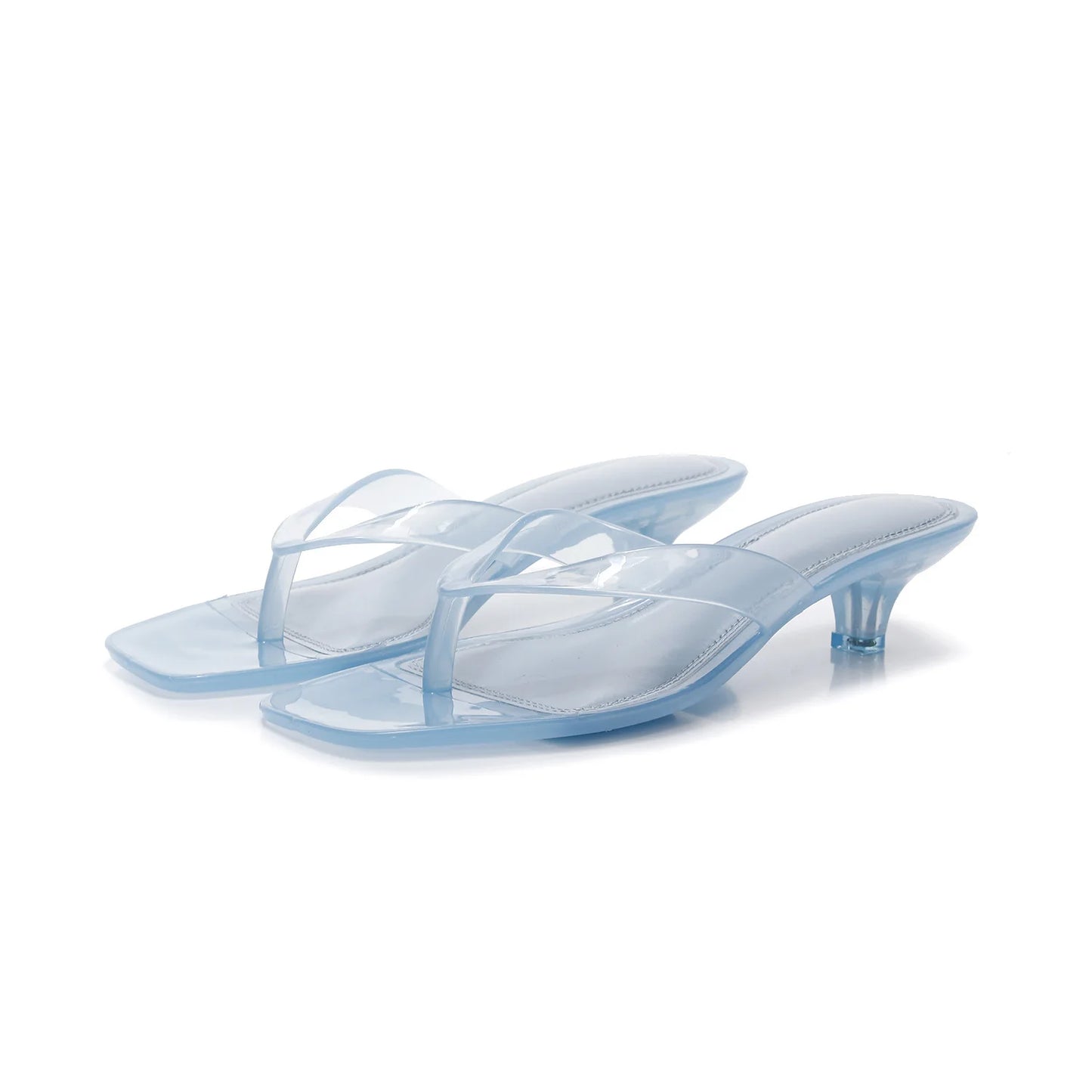 Vacation Elegant Kitten Heel Thong Sandals, Square Toe Clear Brown Jelly Flip Flops, Women Summer Comfortable Beach Party Shoes