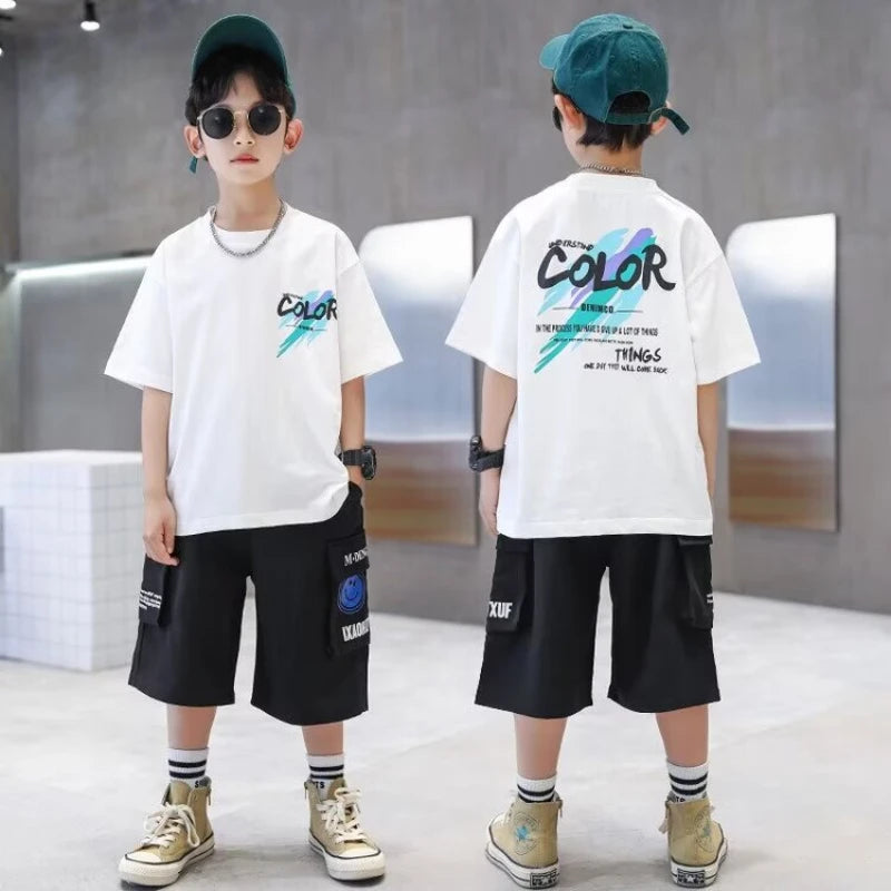 Summer 100% Cotton Boys Blue T-shirt Cool Graffiti Printed Girls Tees Short Sleeve Children Tops High Quality Kids Clothes 2024