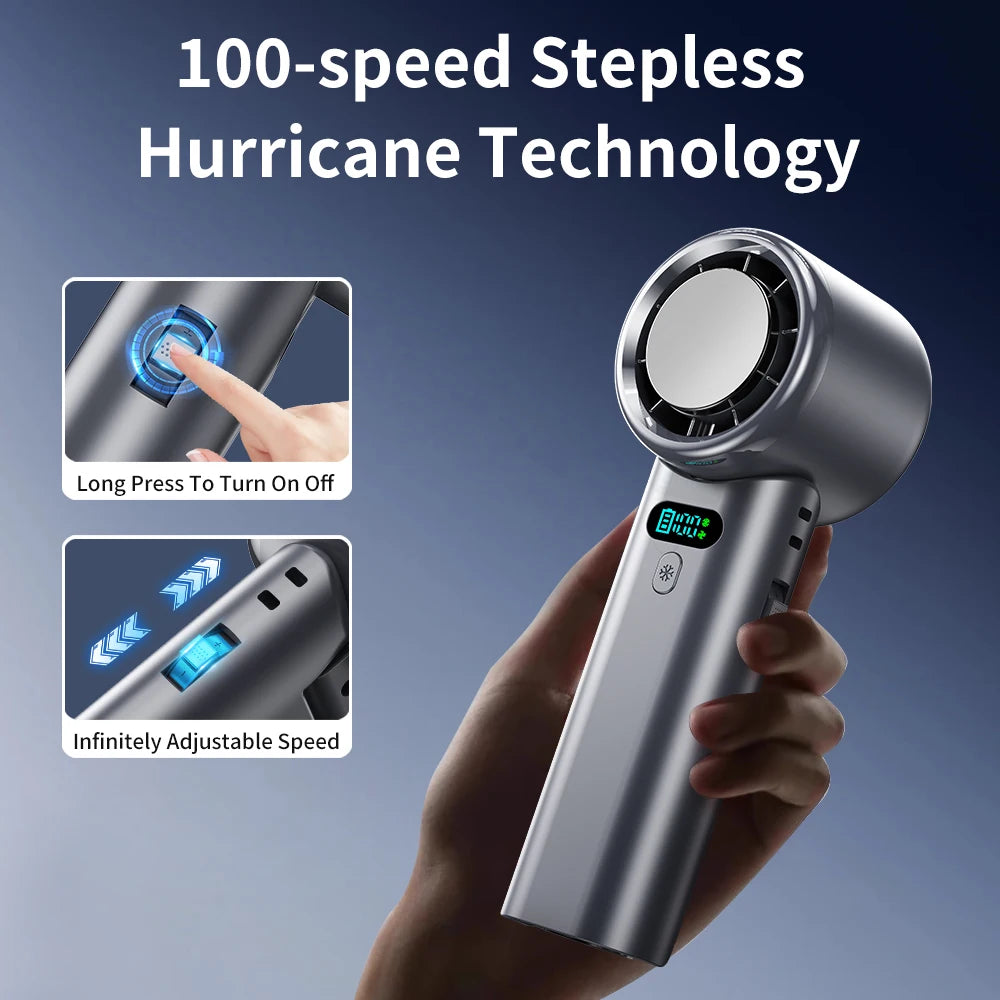 Ice Compress High-Speed Cooling Fan Handheld Fans USB Rechargeable Portable Mini Fan LED Digital Display, Travel, Camping