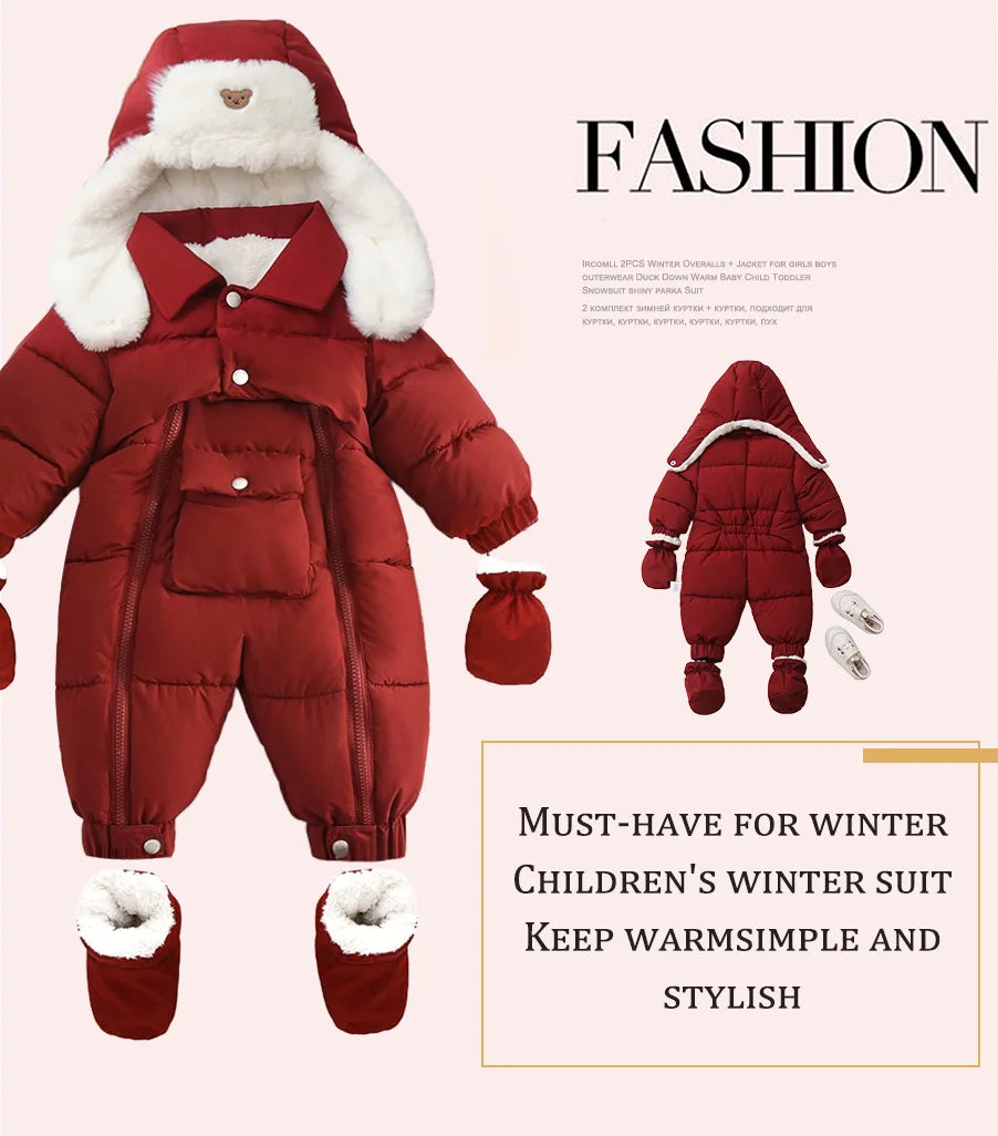 Ircomll Winter Baby Jumpsuit Thick Warm Infant Hooded Inside Fleece Jacket Newborn Boy Girl Coat Overalls Cotton Down Jacket