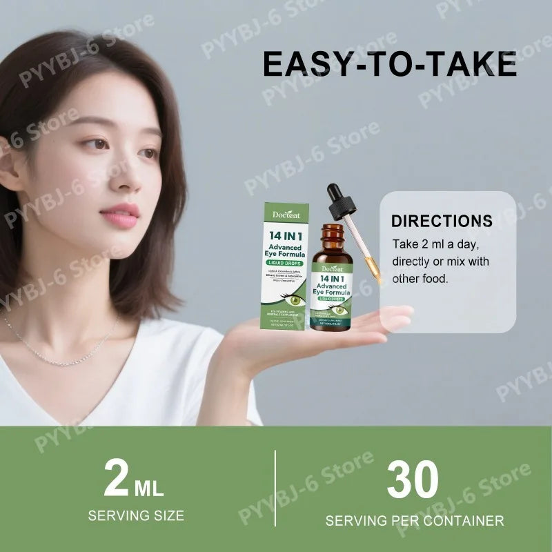 14 in 1 Advanced Visual Support Formula Liquid Drops with Lutein Zeaxanthin Saffron Astaxanthin Visual Support Supplement 60ml