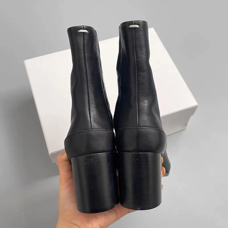 Split Toe Chunky Heels Ankle Boots Women Brand Designer Tabi Short Boots Autumn Winter INS Style Genuine Leather Female Shoes