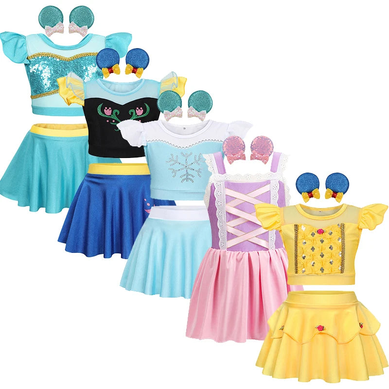 Girls Ruffle Style Princess Swimwear Rapunzel Separate Swimsuit Kids Elsa Anna Jasmine Princess Swimsuits Beach Bikini