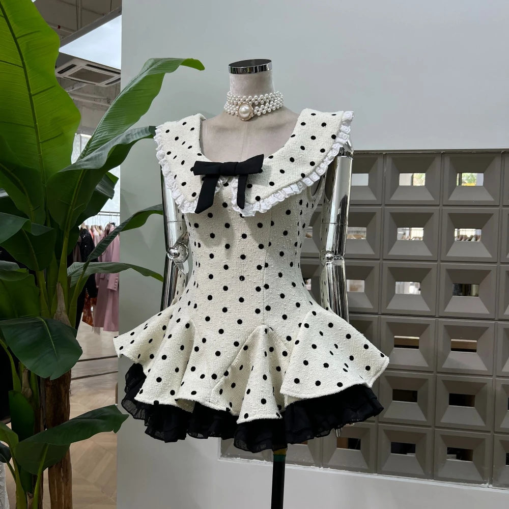 Women's Sexy A Line Lace Edge Polka Dot Fashion Round Neck Bow Short Mini Dresses Birthday Party Dinner Evening Cocktail Dress