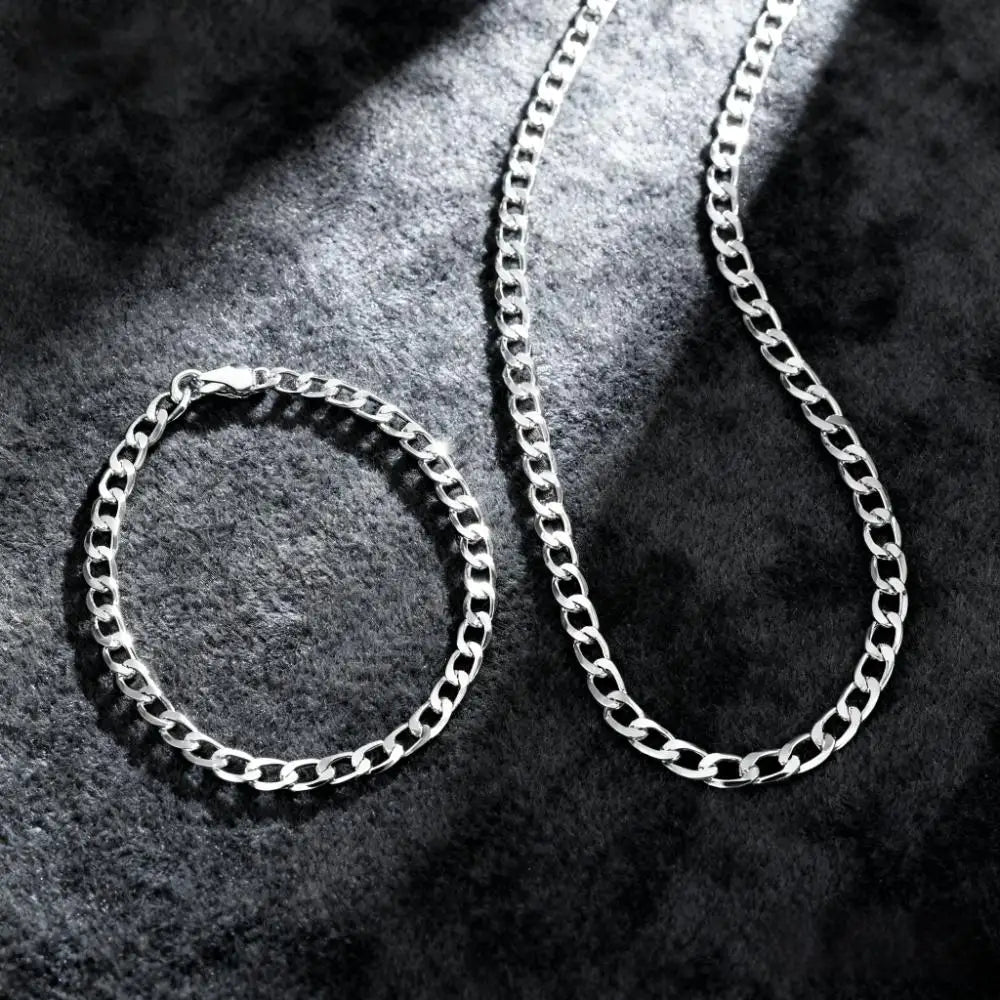 Hot y2k style 925 Sterling Silver 4MM Flat Sideways Chain Bracelets Necklaces Jewelry sets For Women fashion party wedding gifts