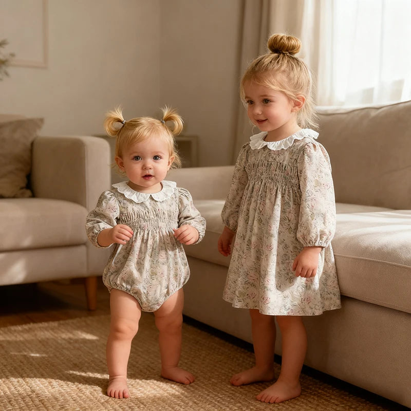 0-6Y Family Sister Matching Flower Dress Newborn Baby Girl Jumpsuit Sisters Clothes Princes Cotton Baby Dress Autumn Baby Dress