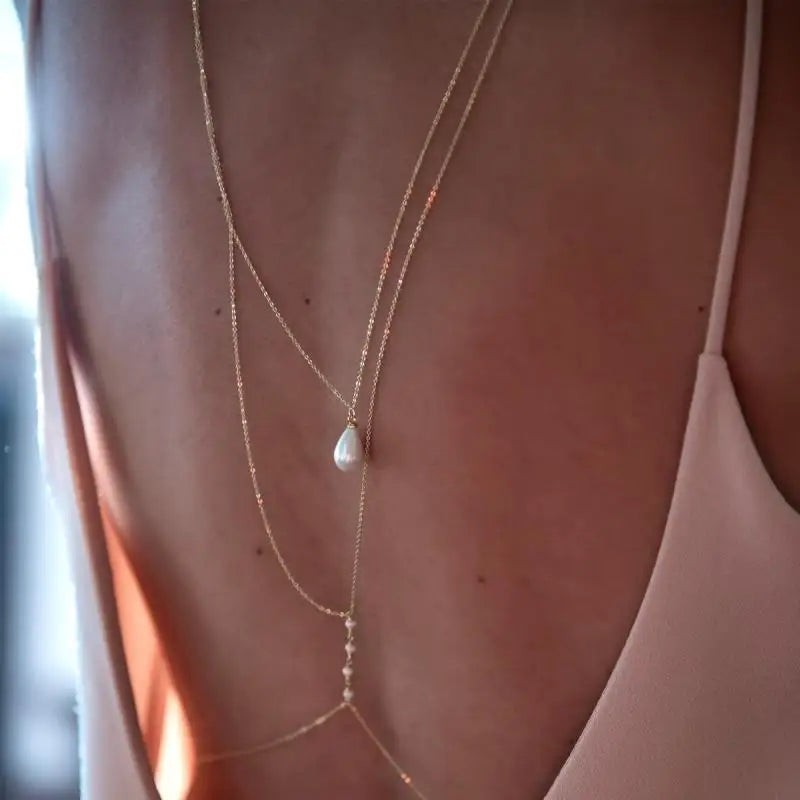 Simple Multilayer Pearl Back Drop Chain Necklace Women Fashion Metal Long Backless Body Chain Bride Wedding Jewelry Accessories