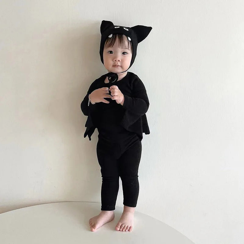 2025 New Baby Halloween Clothes Set Boys Girls Cute Bat Sleeve Bodysuit + Hat  Toddler Fashion Kids Halloween Party Clothing