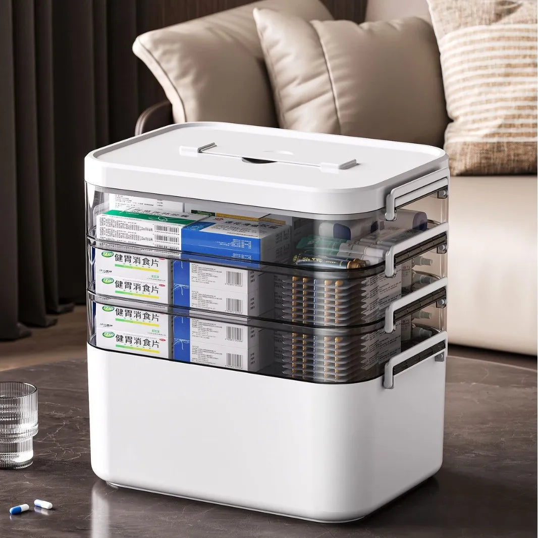 Multi-Layer Medicine Storage Box - Portable Home Emergency Organizer with Snap Closure, Durable Plastic Material, for Storing and Organizing Medicines and Miscellaneous Items