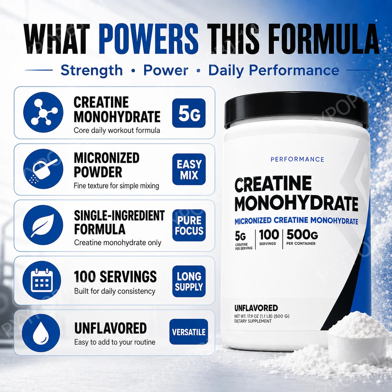 Creatine Monohydrate Micronized Powder Unflavored 5g Per Serving 100 Servings Muscle Energy Strength Power Support 500g