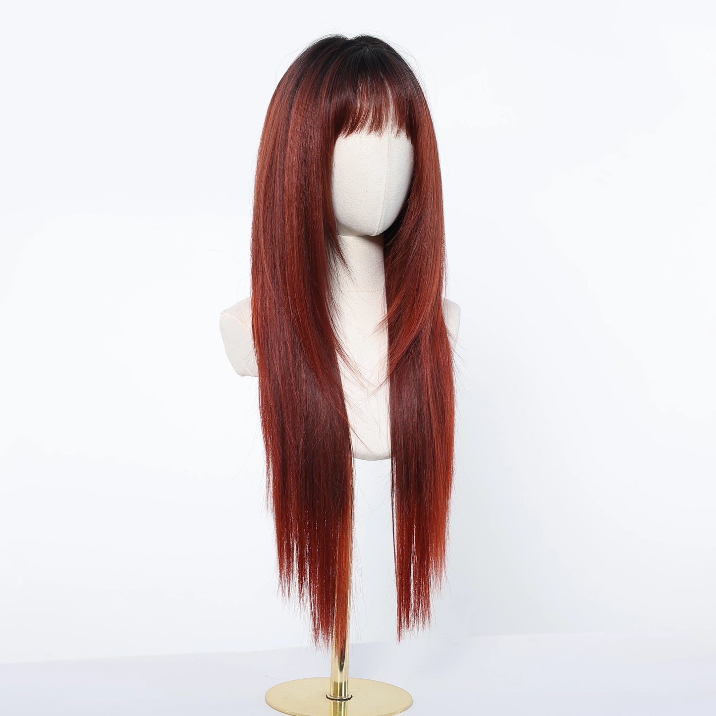 Burgundy Wine Red Ombre Layered Synthetic Wigs With Bangs Super Long Straight Wig For Women Cosplay Natural Daily Heat Resistant
