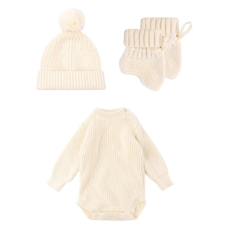 Cosy Infant Knitwear Soft & Comfortable Baby Jumpsuit Set with Matching Bonnet Hat and Booties Socks for Daily Comfort