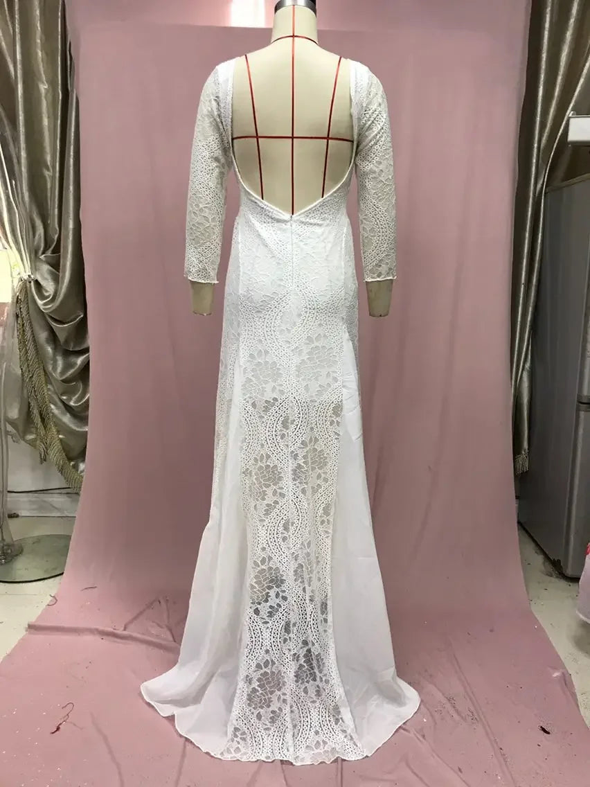 2025 Spring New Women's Celebrity Banquet Wedding Dress Crew Neck Long Sleeve Printed Halter Lace Dress