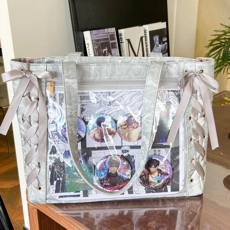 New Y2K Ribbon Bow Japanese Ita Shoulder Bag Cute Girl Transparent Pocket Large Capacity Crossbody Tote Bag DIY Display Handbags
