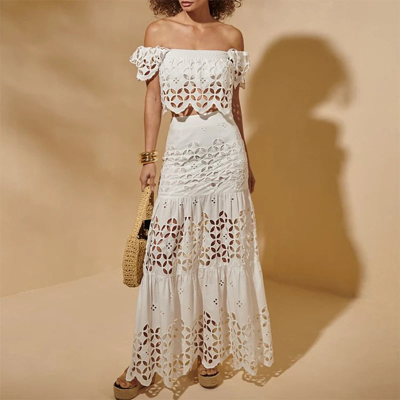 Flaxmaker Sexy Strapless Hollowed Bikini Swimsuit Solid Sleeveless Vest Straight Skirt Suit Female Summer Chic Casual Sets