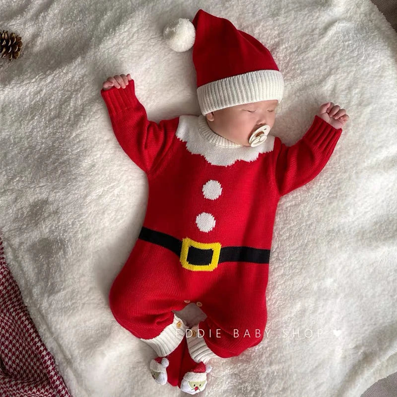 Infant Christmas Outfits Baby Romper Clothes Winter Red Santa Claus Knitted Newborn Infant Boy Girl Christmas Gift Jumpsuits+Hat