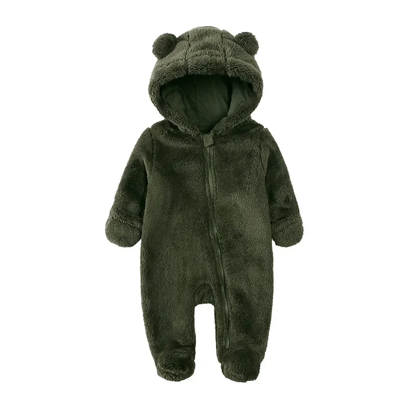 2025 Warm Footed Baby Romper Zipper Closure Fall Newborn Bear Ear Hooded Fuzzy Onesie Outfit Infant Boys Girls 100 Days Jumpsuit
