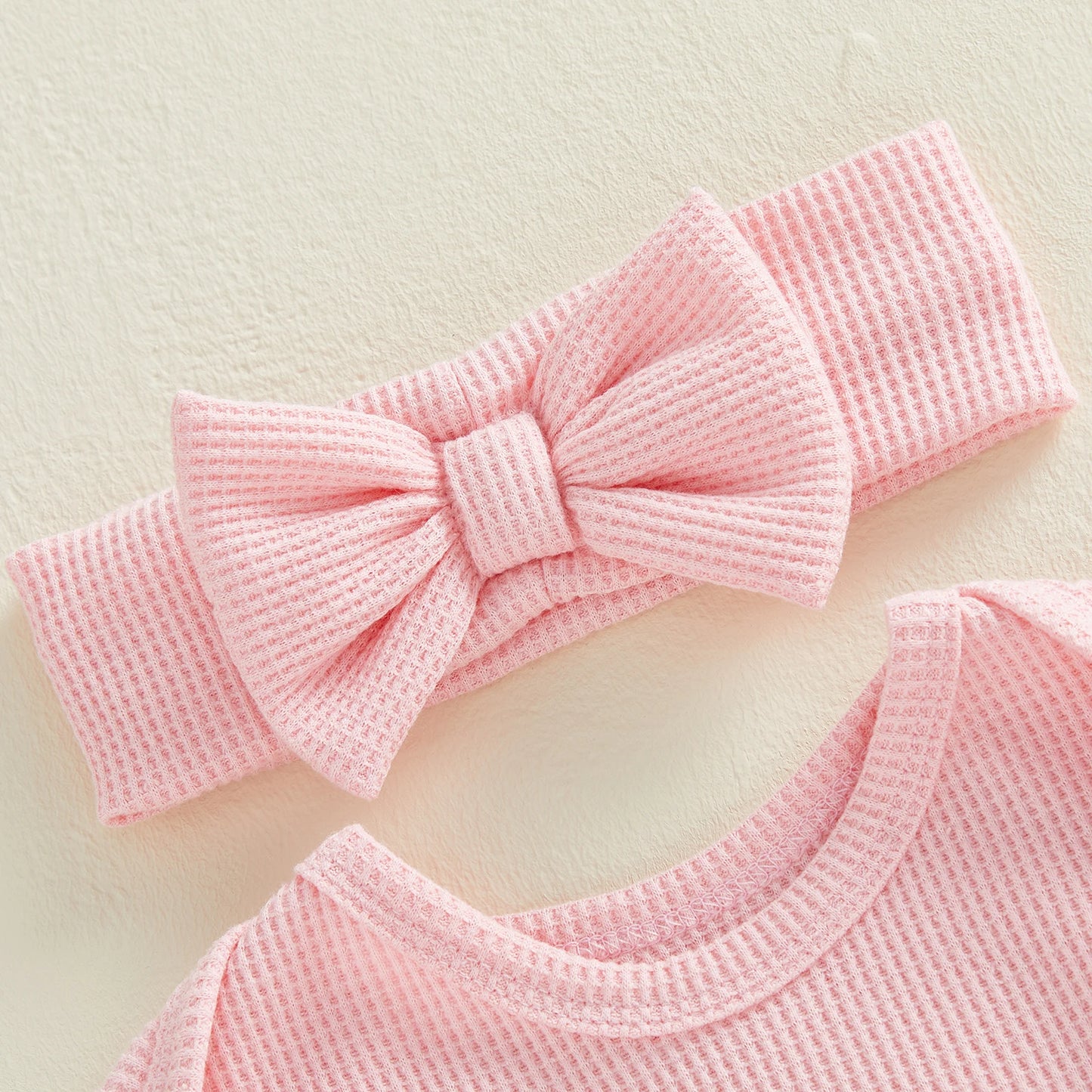 Spring Valentine's Day Infant Baby Girls Bodysuit Waffled Letter Embroidery Long Sleeve Jumpsuit Bow Headband Clothes