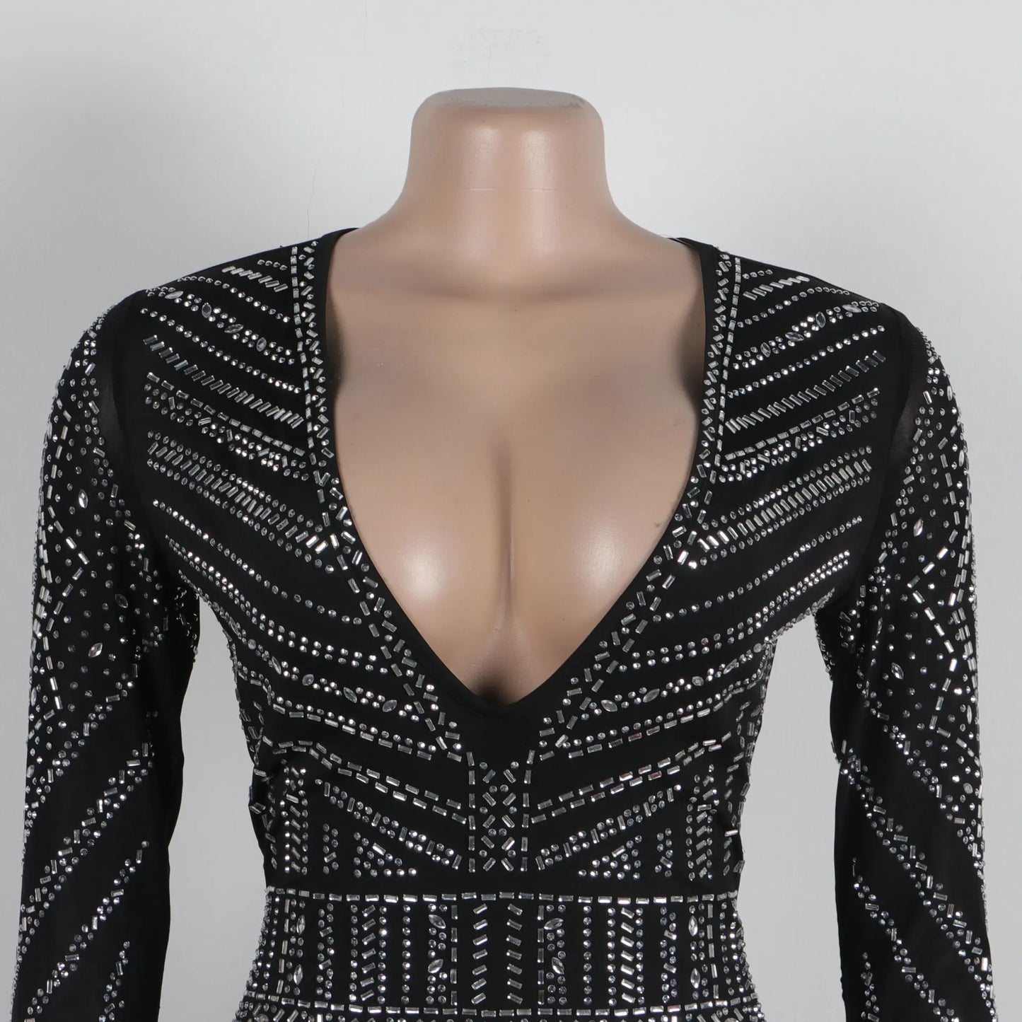 HBLL Elegant Women Deep V-neck Long Sleeve Split Diamonds Hot Rhinestone Maxi Dress Luxury Celebrity Evening Party Wedding Dress