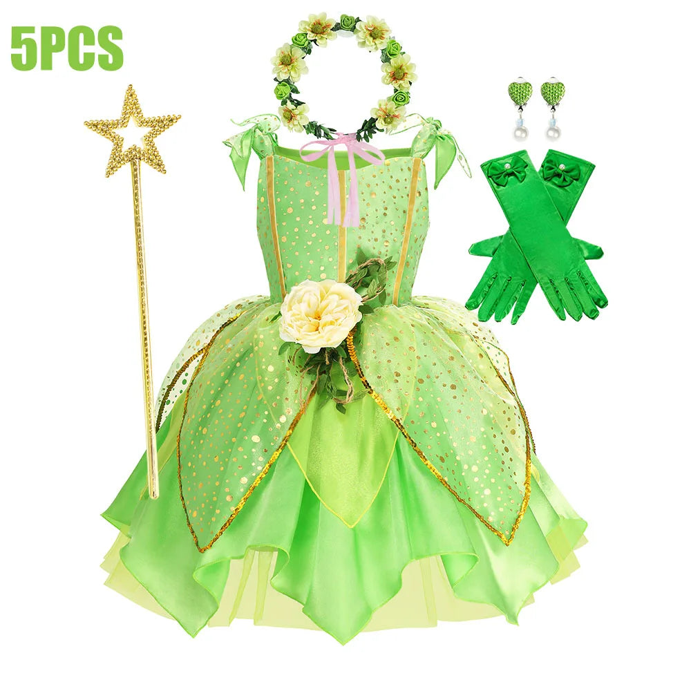 Child Girl Bell Costume Halloween Costume for Kids Green Dress Fancy Fairy Princess Cosplay Carnival Party Ball Gowns with Wing