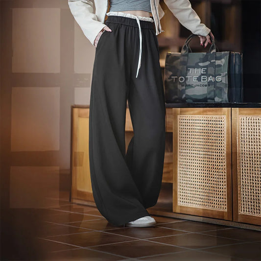 Maden Women's Wide Leg Patchwork Pants Black Elastic Waist with Drawstring Trousers Breathable Office Dress Pants for Summer