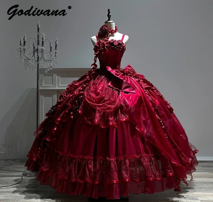Original Burgundy Fish Bone Flower Wedding Dress Lolita Girl Women's Fairy Lace Bow Slim Maxi Long Party Birthday Dresses