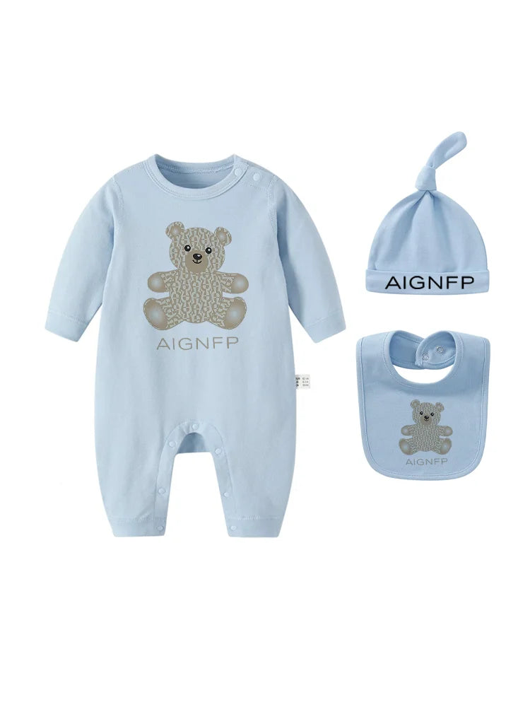 Cute Bear Jumpsuit Newborns Autumn Clothes 2025 Hot Sale New Soft Bib scarf Hat Toddler Romper Sets Baby Long sleeves Bodysuits